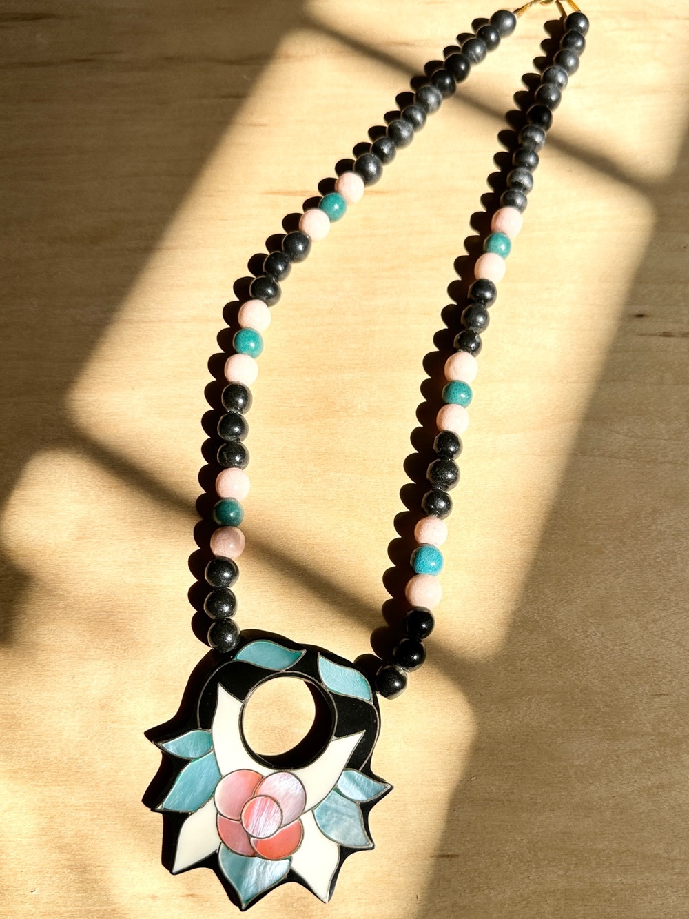 Vintage Beaded Pendant Necklace with Floral Inlay - Black, Teal, Pink, Blue